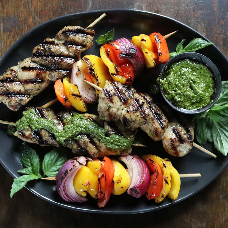 McCormick® Grill Mates® Garlic & Herb Turkey Tenderloins Kabobs with Grilled Vegetable Kabob and Basil Pesto